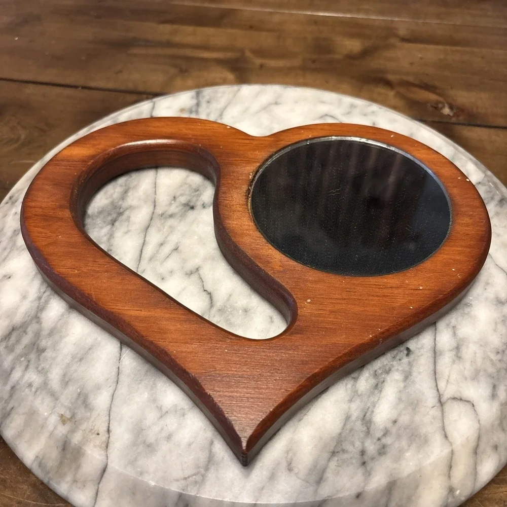 VTG 70s 80s Folk Art Hand Painted Wood Heart Mirror 9.25